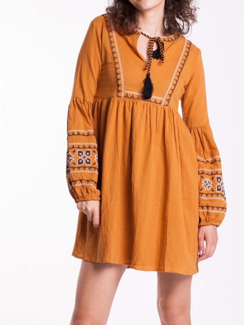Primark Mustard Yellow Embroidered Boho Mini Dress Long Bishop Sleeve Size 2